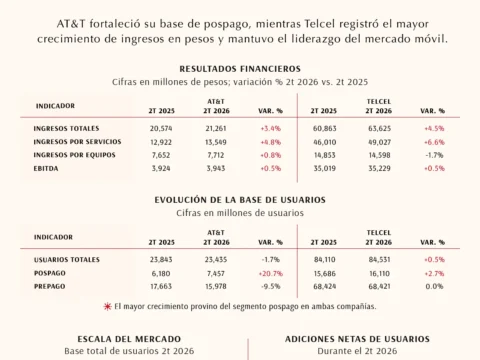 Infografía sobre los resultados financieros y usuarios de AT&T y Telcel en México durante el segundo trimestre de 2026.
