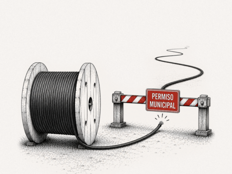 Un gran carrete despliega un cable de fibra óptica que queda atrapado entre unas pinzas cortacables junto a una señal de precaución con la leyenda “Permiso municipal”.
