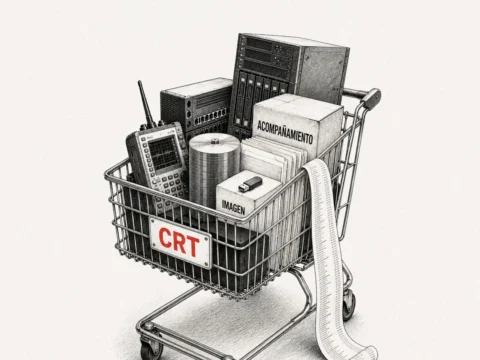 Un carrito de compras identificado como CRT está lleno de software, nube, ciberseguridad, equipos, discos y cajas de acompañamiento e imagen institucional frente a una cajera que pregunta: “¿Algo más?”.
