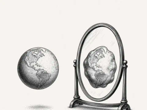 La Tierra aparece frente a un espejo donde su reflejo muestra el geoide de la NASA. La frase “Filtro: Gravedad” representa una visión científica del campo gravitatorio.