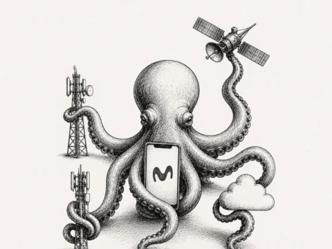 Un pulpo identificado como OXIO utiliza distintos brazos para alcanzar redes celulares, una nube y un satélite, mientras mantiene conectado un teléfono Movistar México.