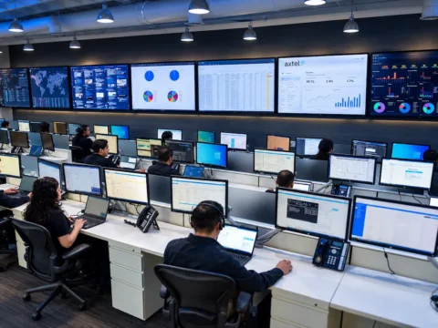 Centro de operaciones de Axtel con personal y pantallas de monitoreo. La empresa redujo su inversión y evalúa reclamar pagos de interconexión.