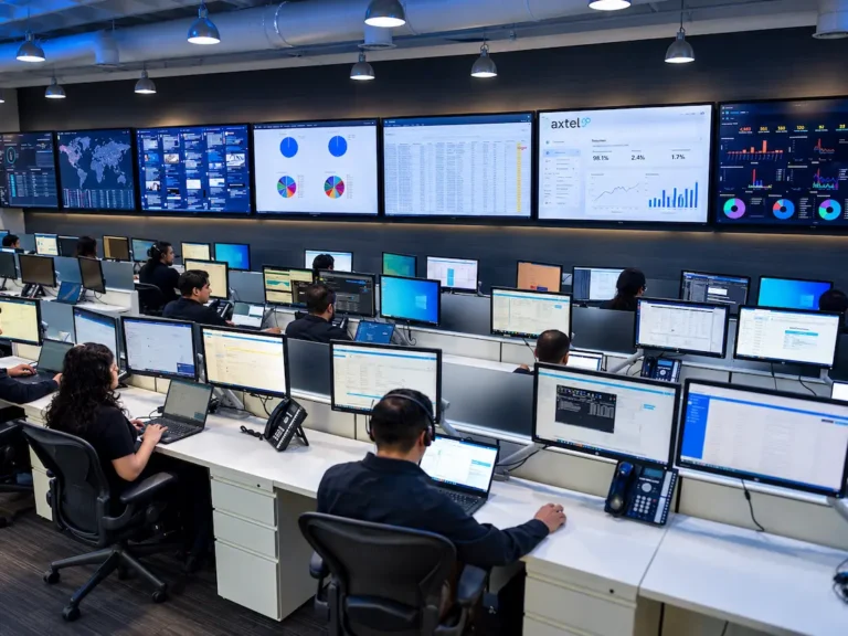 Centro de operaciones de Axtel con personal y pantallas de monitoreo. La empresa redujo su inversión y evalúa reclamar pagos de interconexión.