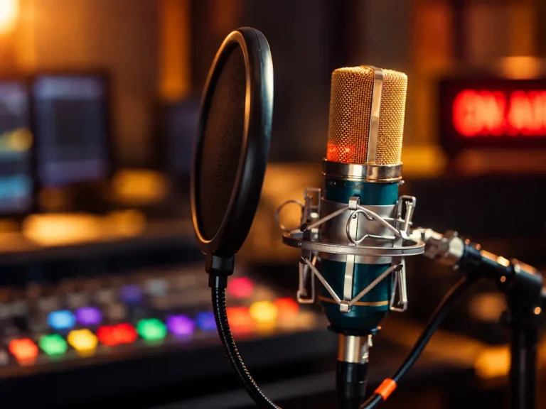 Micrófono profesional con filtro antipop en un estudio de grabación, utilizado para ilustrar la regulación de concesiones de radio comercial y de uso social en México.
