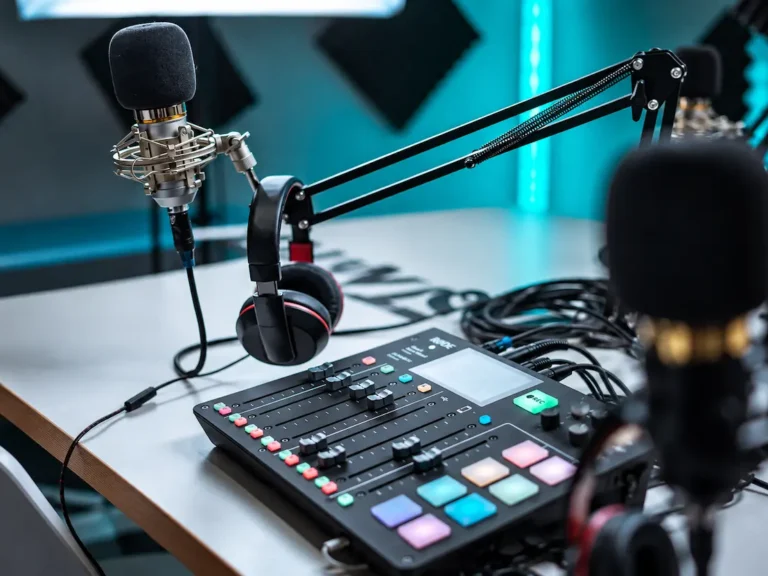 Estudio de radio con micrófonos, audífonos y consola de audio digital que ilustra la modernización tecnológica de estaciones de AM a FM mediante el estándar IBOC.